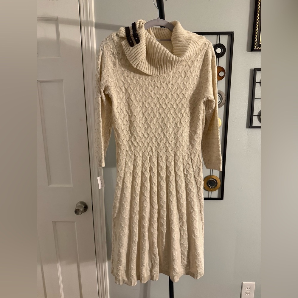 Dressbarn Cream Cable-Knit Sweater Dress with Cowl Neckline